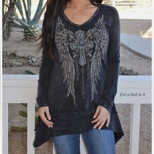 Vocal Black Long Sleeve Top with Silver Wing Design